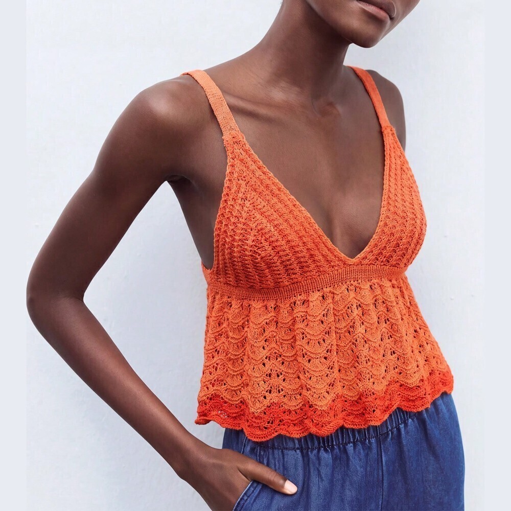Orange Crochet Knit Scalloped Hem Peplum Crop Camisole Top